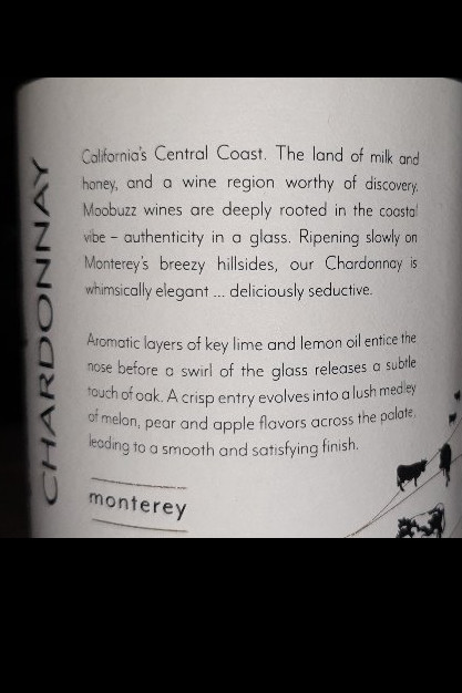 Moobuzz, Chardonnay 2016, fra Monterey, Central Coast Californien med 14,5 %.