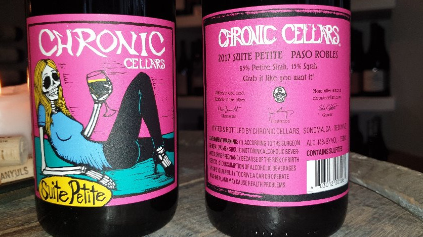 Chronic Cellars, Suite Petite, Petit Sirah blend, 14%, Paso Robles, Californien.